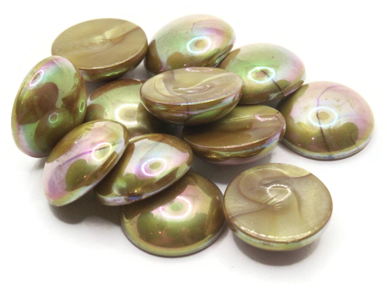 12 15mm Shiny Green Brown Flatback Round Vintage Lucite Plastic Cabochons